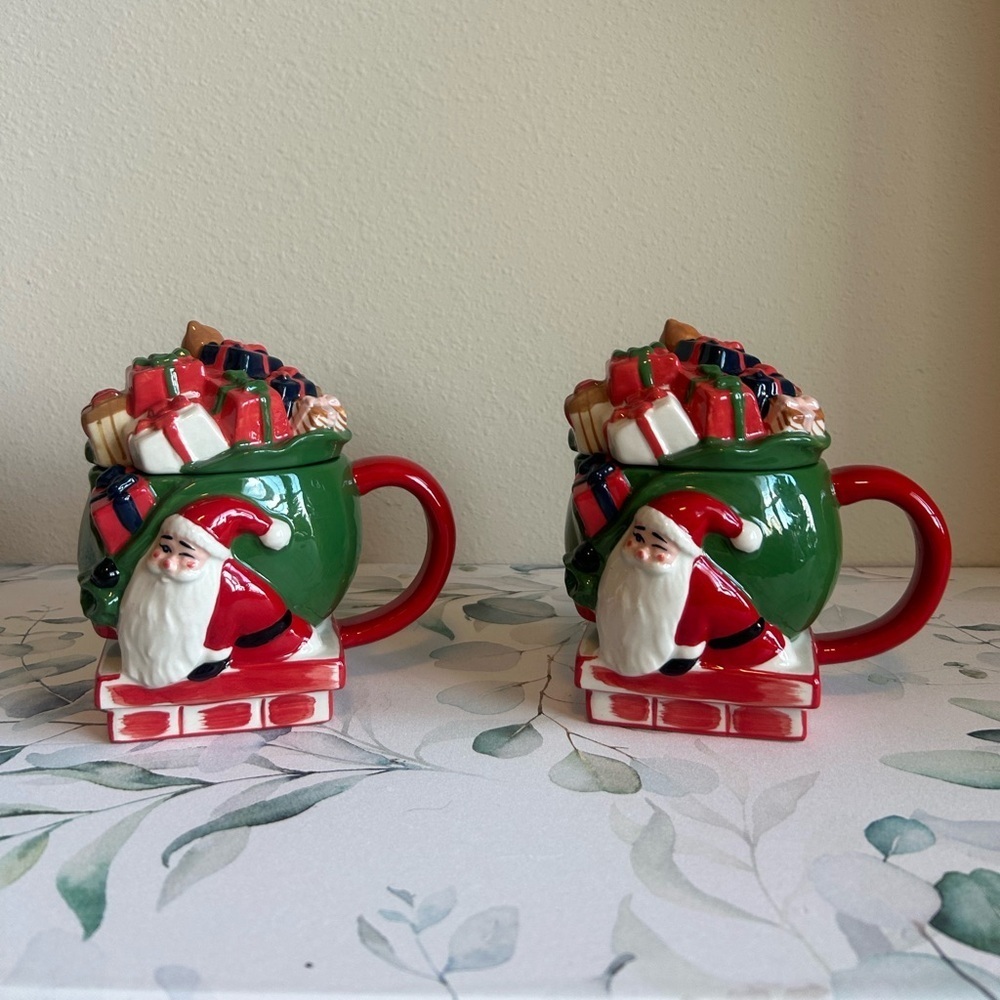 West Elm Santa Mugs with lids